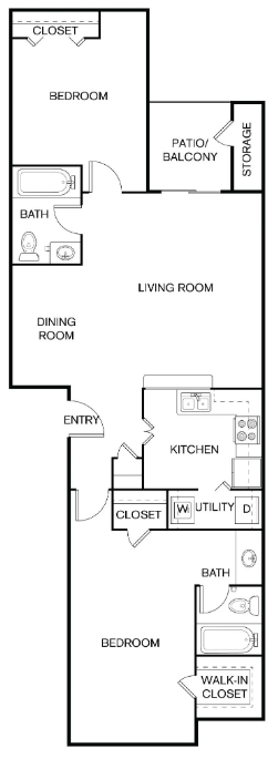 A floor plan of a house with labeled rooms such as bedroom, bath, and kitchen.
